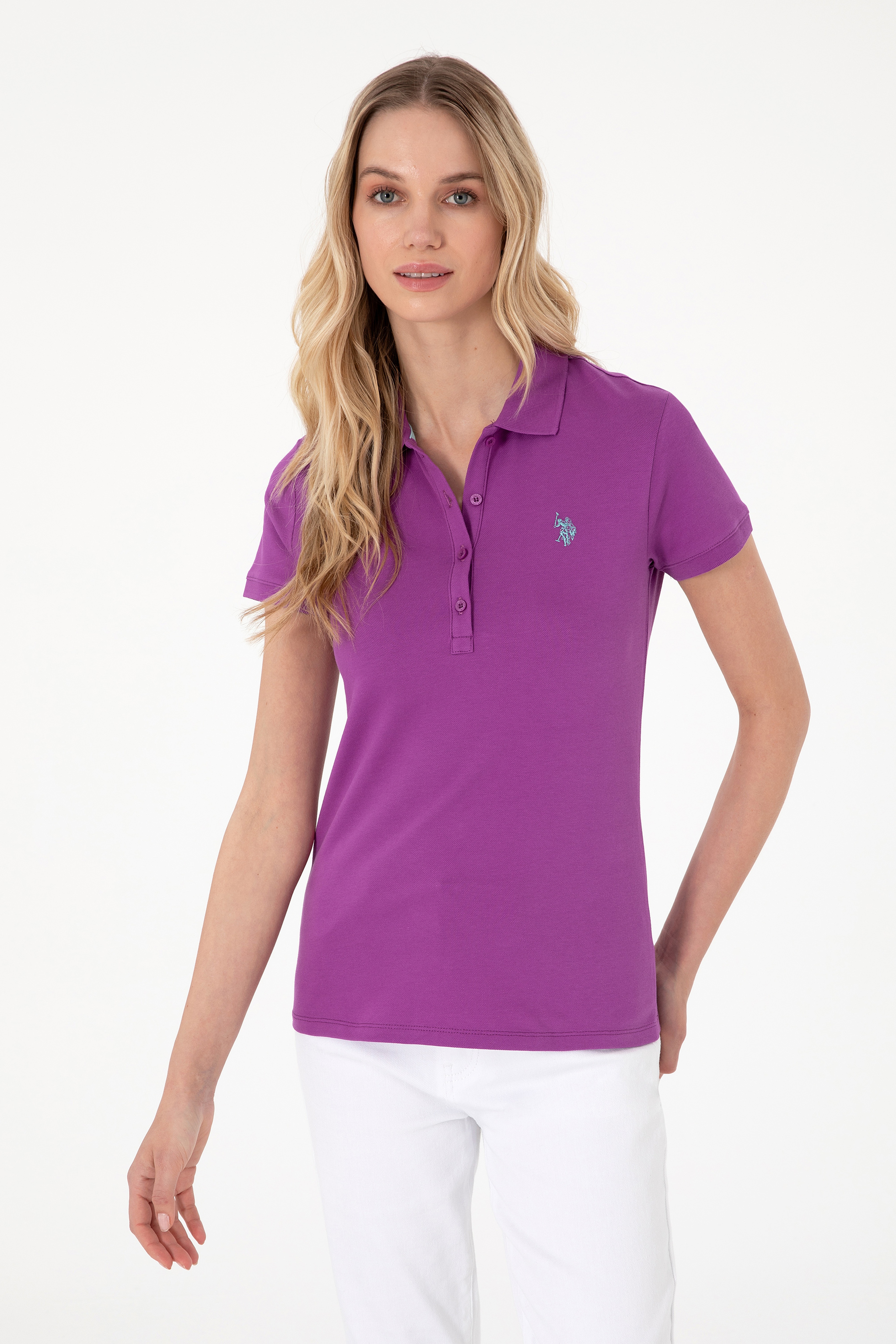 Kadın Menekşe Basic Polo Yaka Tişört - Image 1