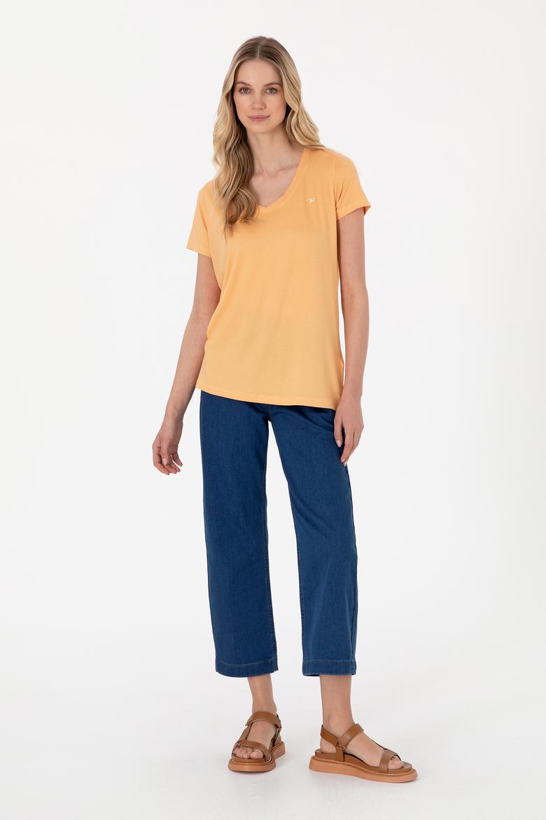 Kadın Turuncu V Yaka Basic Tişört - 50300829073