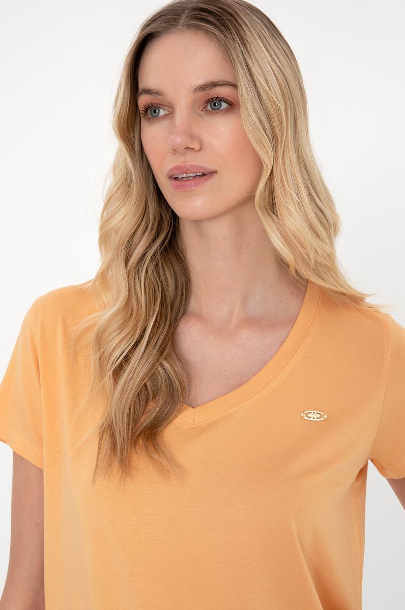 Kadın Turuncu V Yaka Basic Tişört