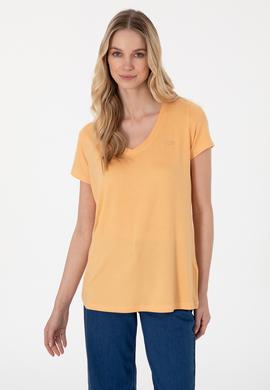Kadın Turuncu V Yaka Basic Tişört - 50300829073