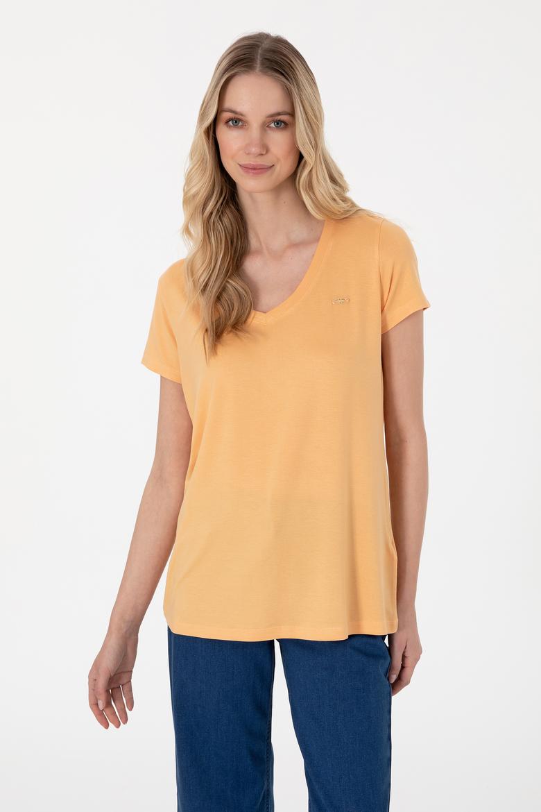 Kadın Turuncu V Yaka Basic Tişört