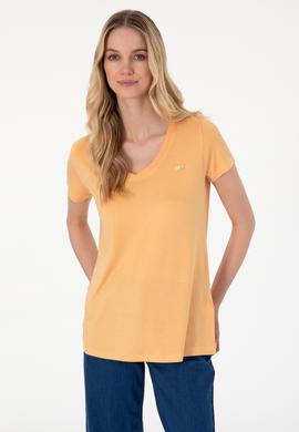 Kadın Turuncu V Yaka Basic Tişört - 50300829073