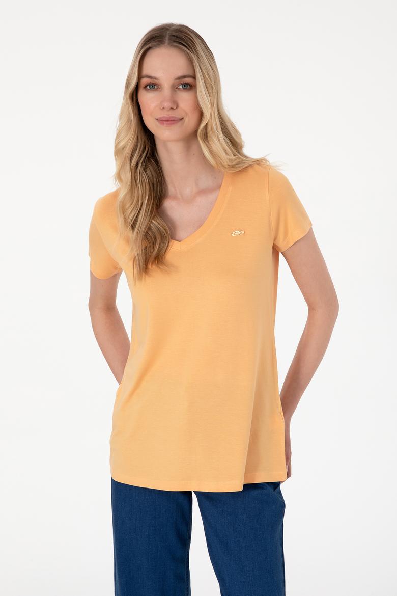 Kadın Turuncu V Yaka Basic Tişört - 50300829073