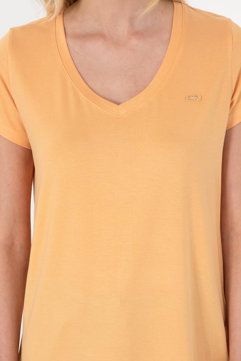 Kadın Turuncu V Yaka Basic Tişört - 50300829073