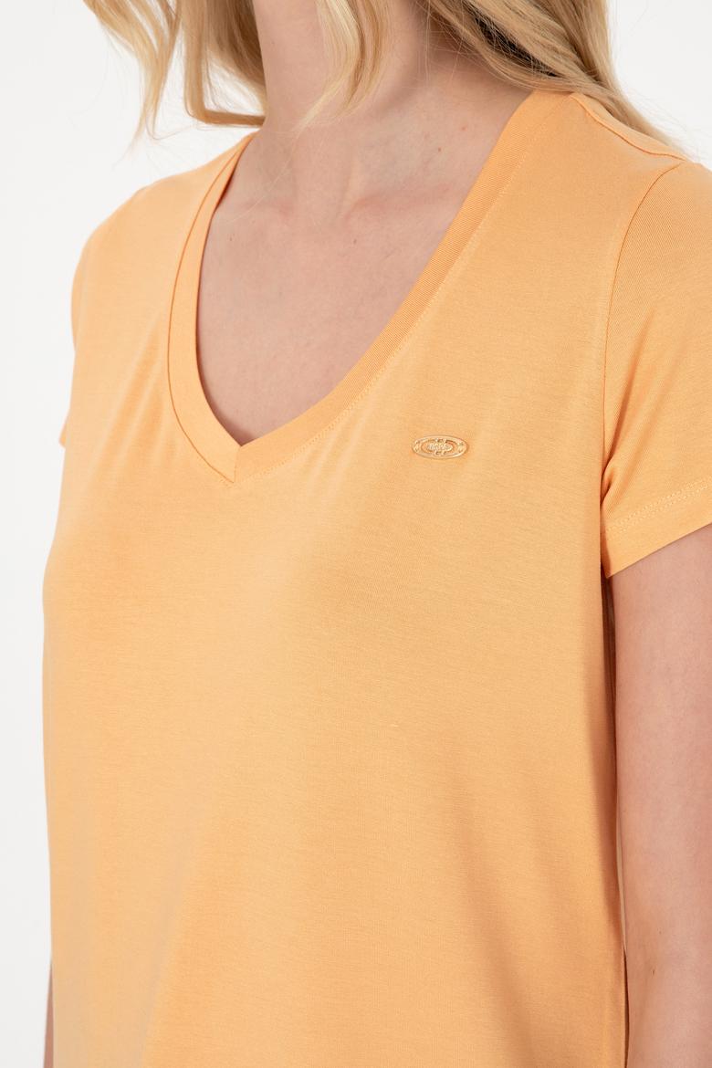 Kadın Turuncu V Yaka Basic Tişört - 50300829073