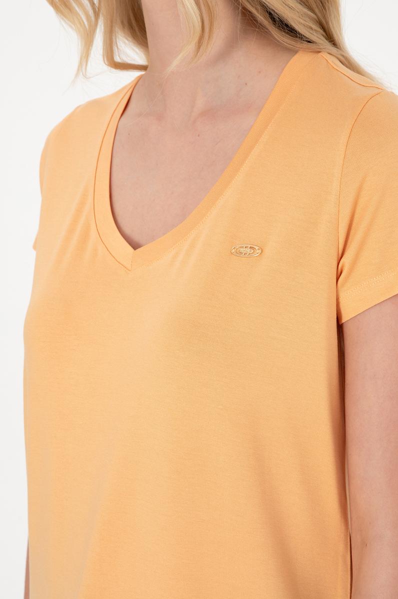Kadın Turuncu V Yaka Basic Tişört