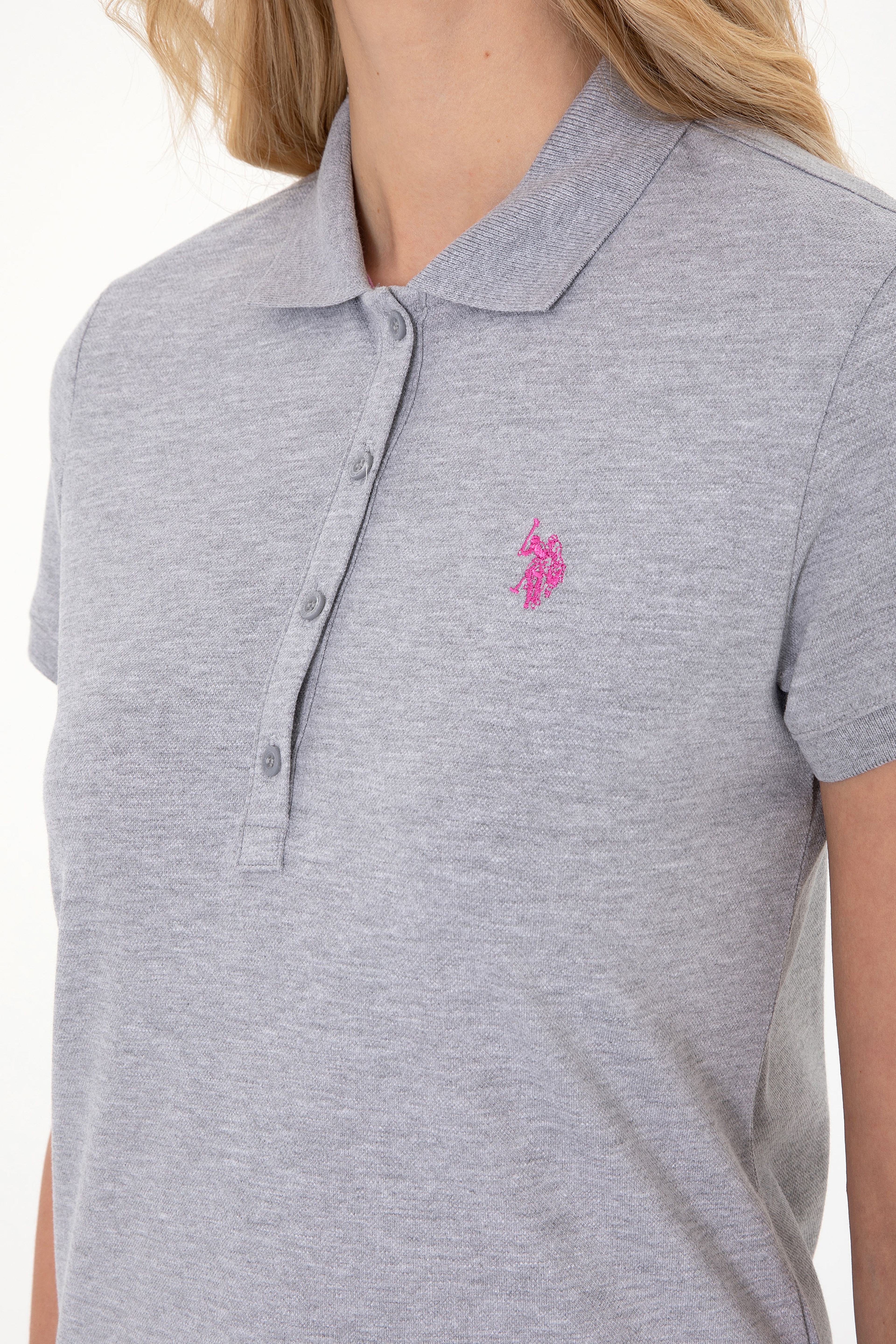 Kadın Gri Melanj Basic Polo Yaka Tişört - Image 7