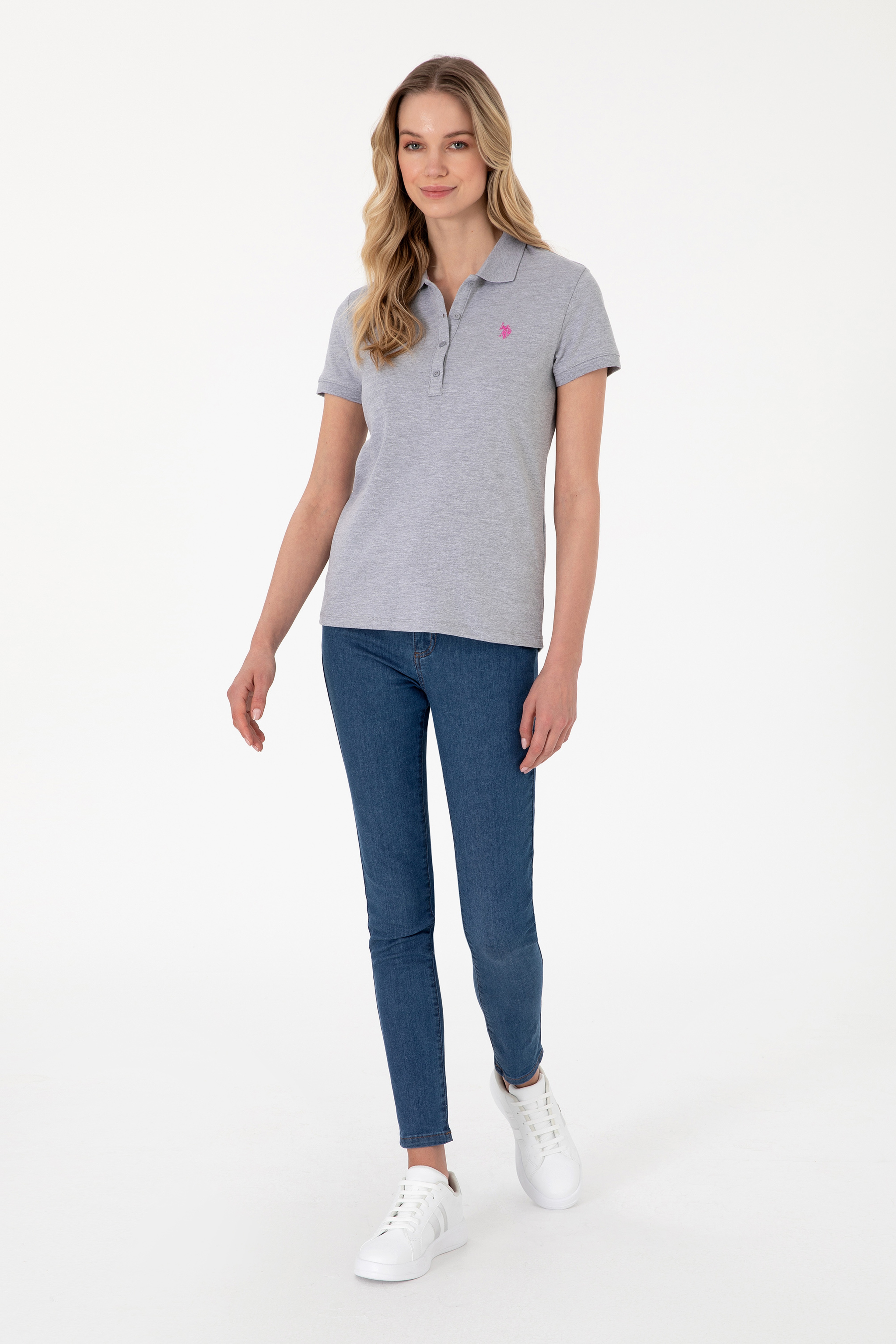 Kadın Gri Melanj Basic Polo Yaka Tişört - Image 4