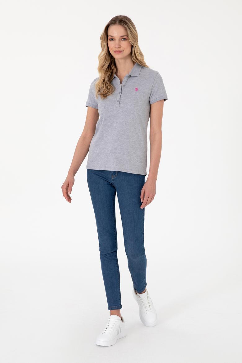 Kadın Gri Melanj Basic Polo Yaka Tişört - 50300830225