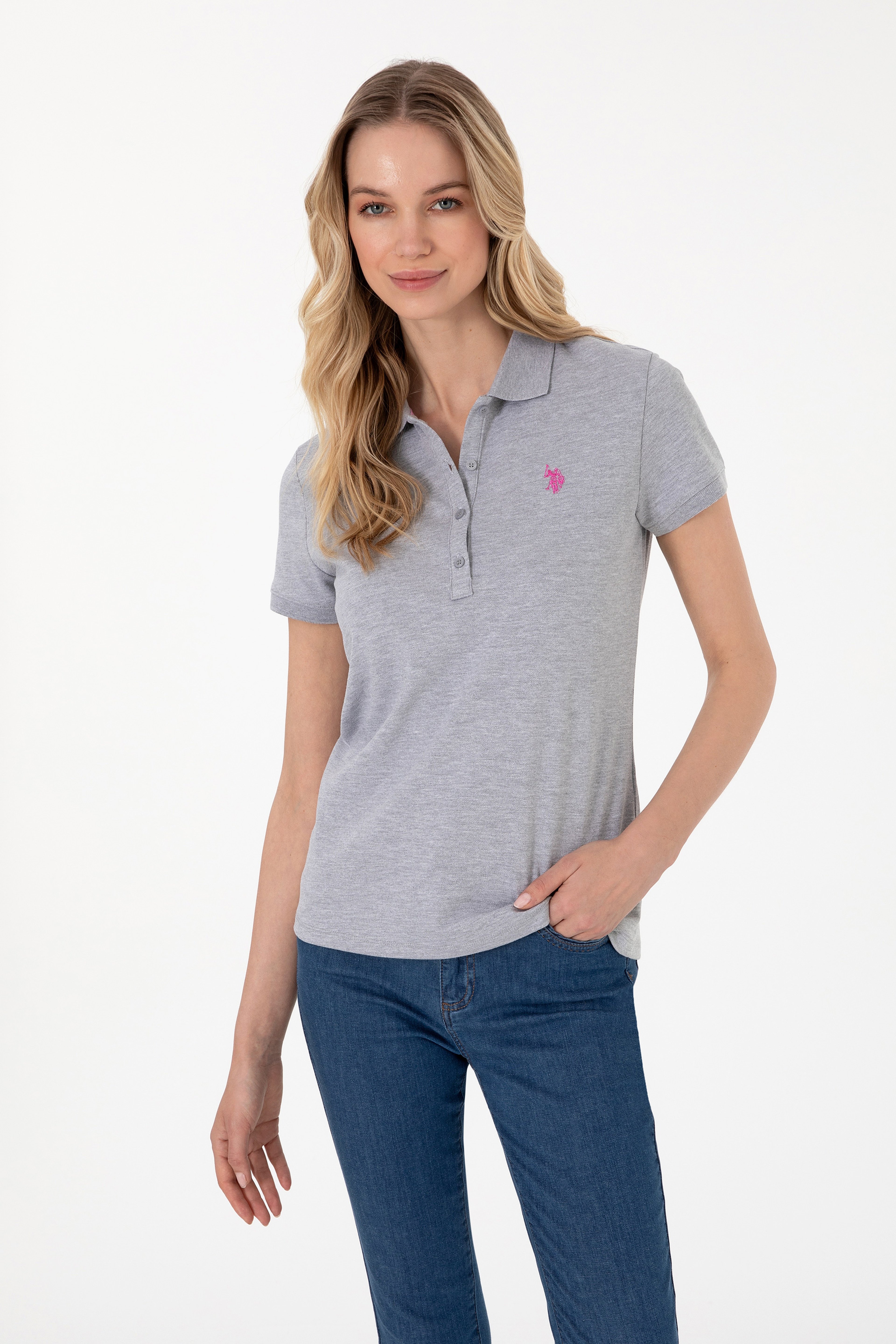 Kadın Gri Melanj Basic Polo Yaka Tişört - Image 1