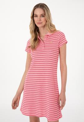 Kadın Pembe Çizgili Polo Yaka Mini Boy Örme Elbise - 50300639012