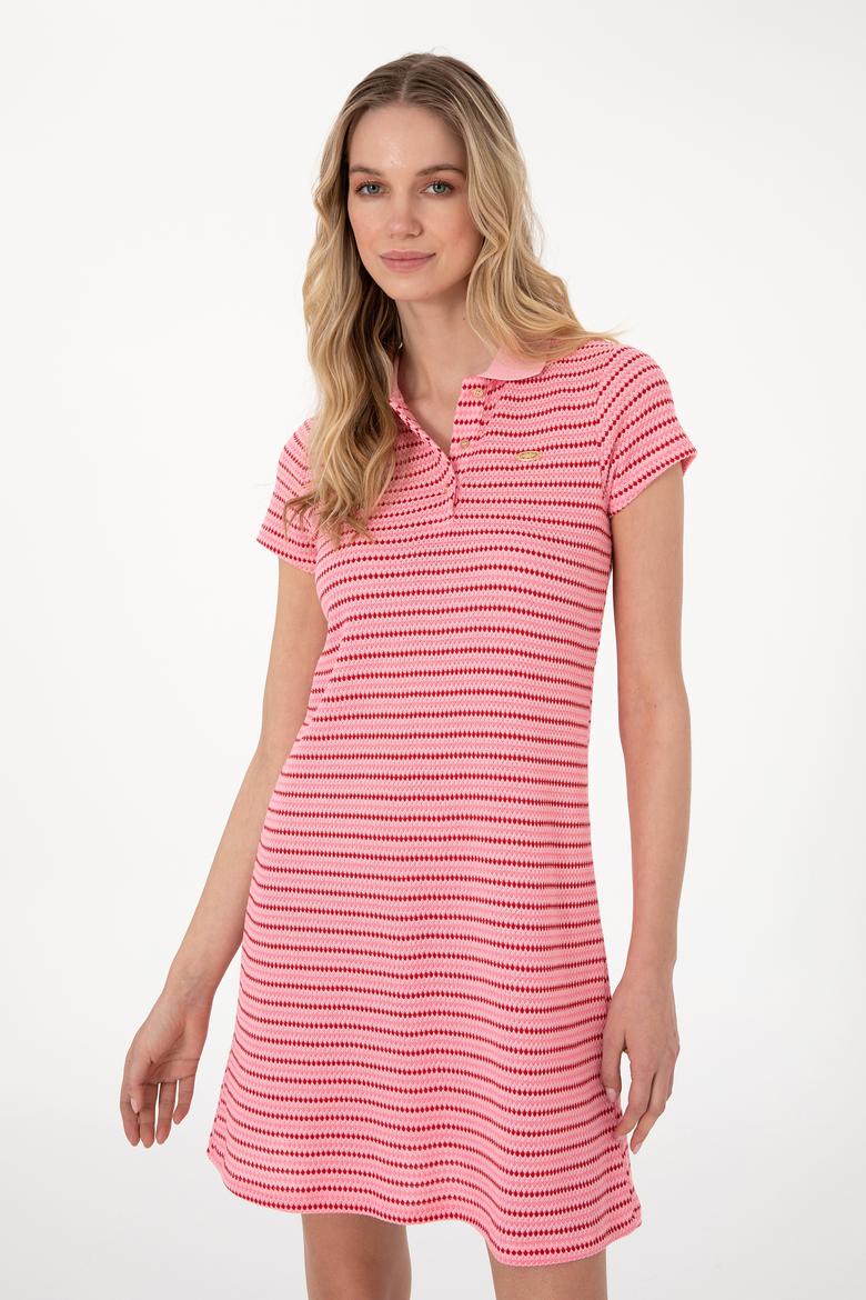 Kadın Pembe Çizgili Polo Yaka Mini Boy Örme Elbise - 50300639012