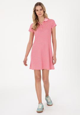 Kadın Pembe Çizgili Polo Yaka Mini Boy Örme Elbise - 50300639012