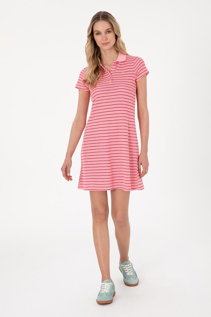 Kadın Pembe Çizgili Polo Yaka Mini Boy Örme Elbise