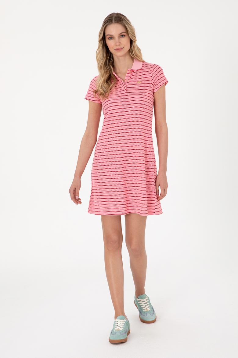 Kadın Pembe Çizgili Polo Yaka Mini Boy Örme Elbise
