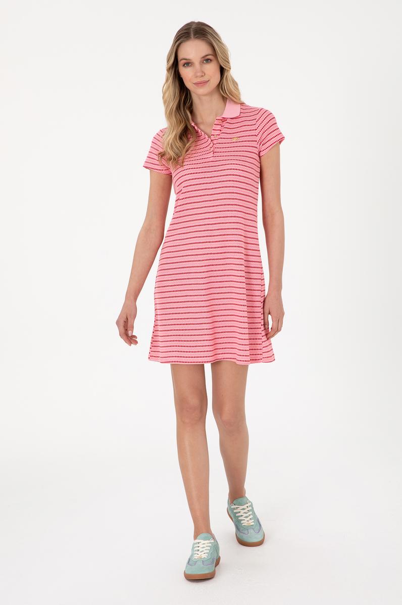 Kadın Pembe Çizgili Polo Yaka Mini Boy Örme Elbise