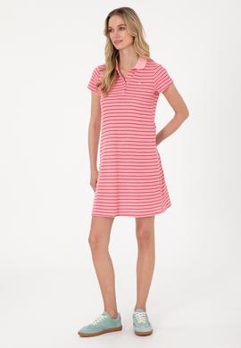 Kadın Pembe Çizgili Polo Yaka Mini Boy Örme Elbise - 50300639012