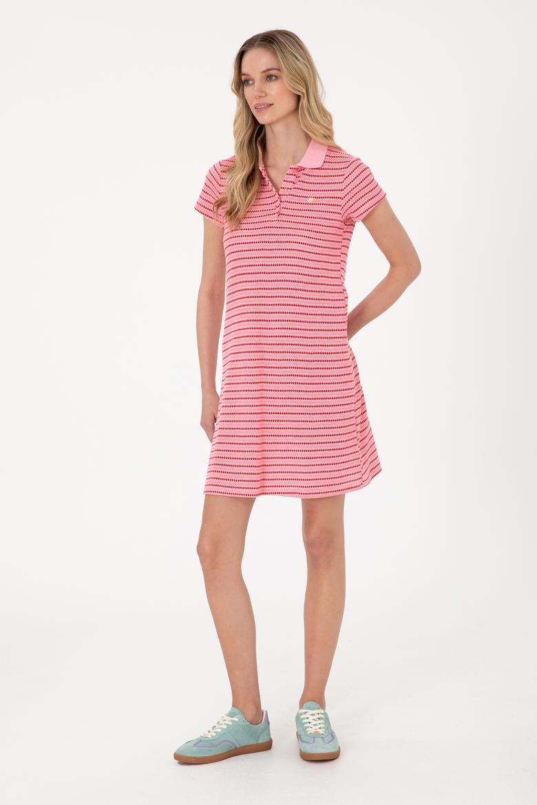 Kadın Pembe Çizgili Polo Yaka Mini Boy Örme Elbise - 50300639012