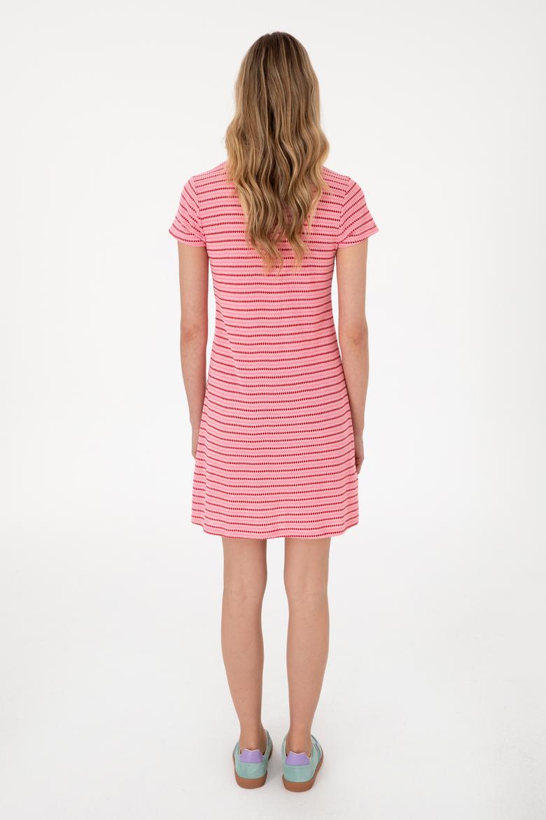 Kadın Pembe Çizgili Polo Yaka Mini Boy Örme Elbise - 50300639012