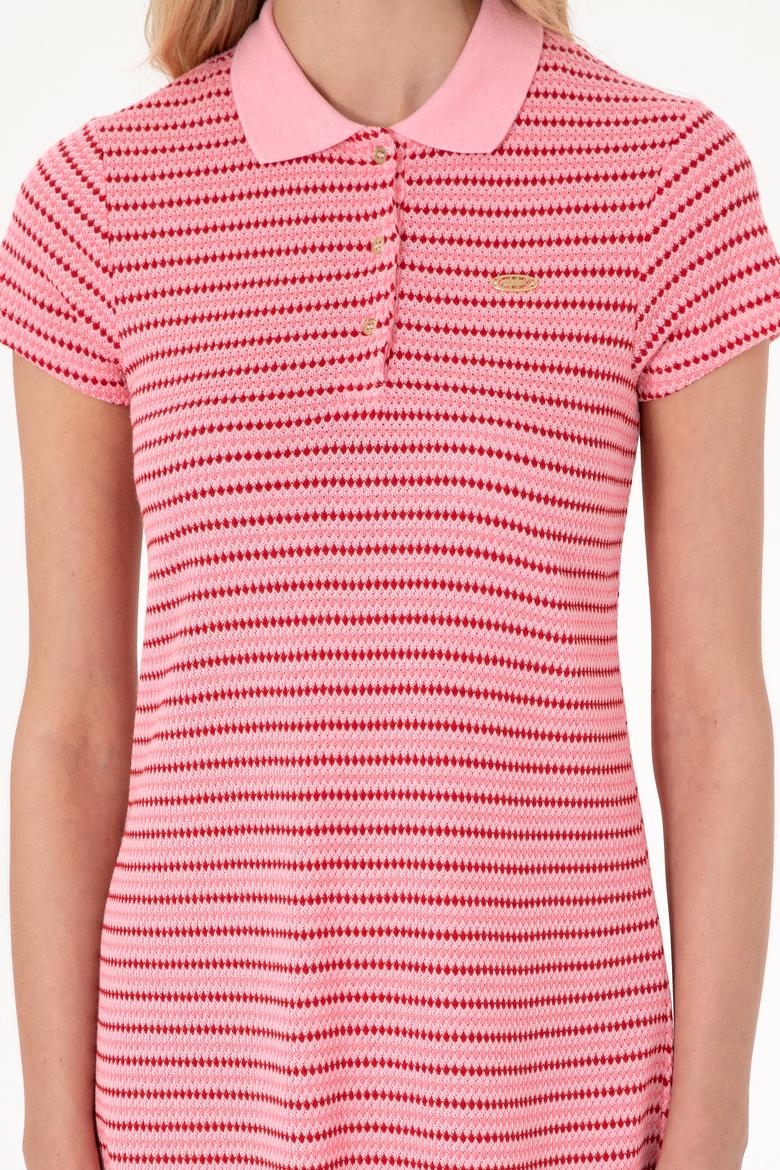 Kadın Pembe Çizgili Polo Yaka Mini Boy Örme Elbise - 50300639012