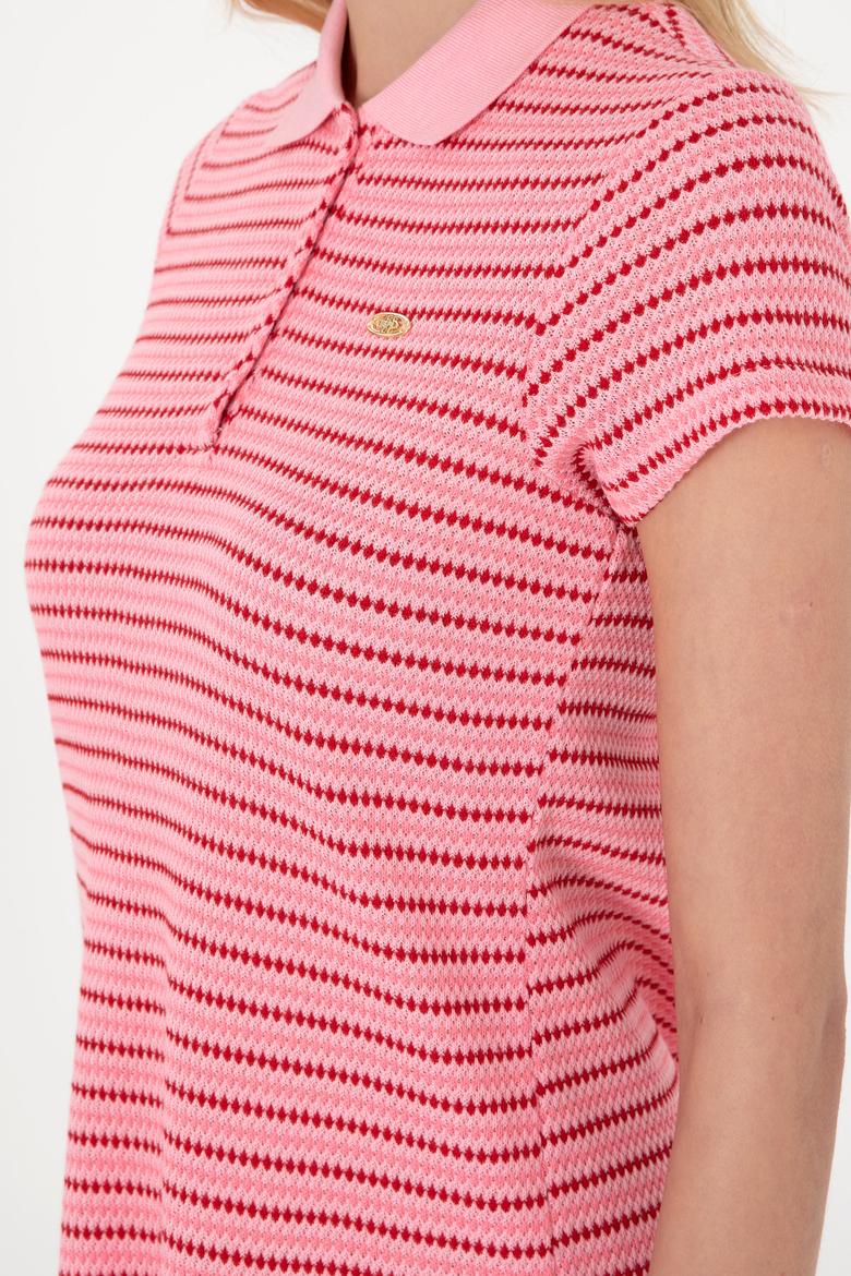 Kadın Pembe Çizgili Polo Yaka Mini Boy Örme Elbise - 50300639012