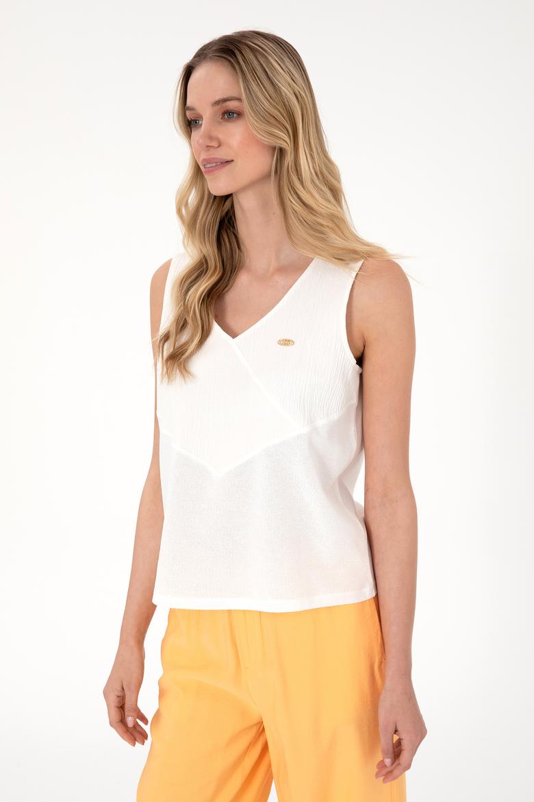Kadın Ekru Kolsuz V Yaka Tişört - 50300793006