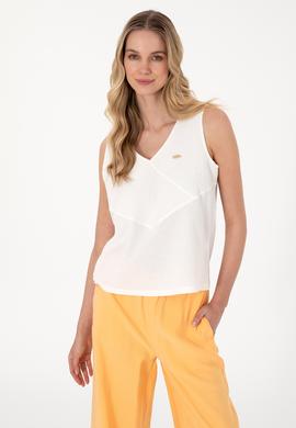 Kadın Ekru Kolsuz V Yaka Tişört - 50300793006