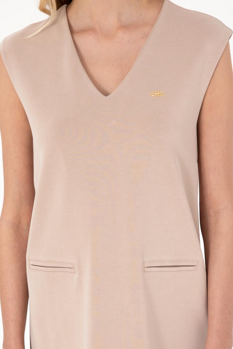 Kadın Camel Modal Karışımlı V Yaka Mini Boy Örme Elbise - 50300760006