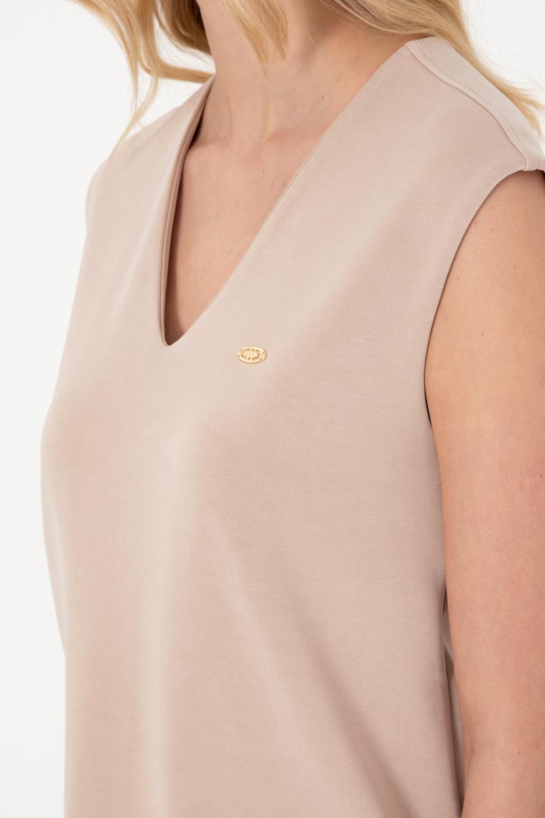 Kadın Camel Modal Karışımlı V Yaka Mini Boy Örme Elbise - 50300760006