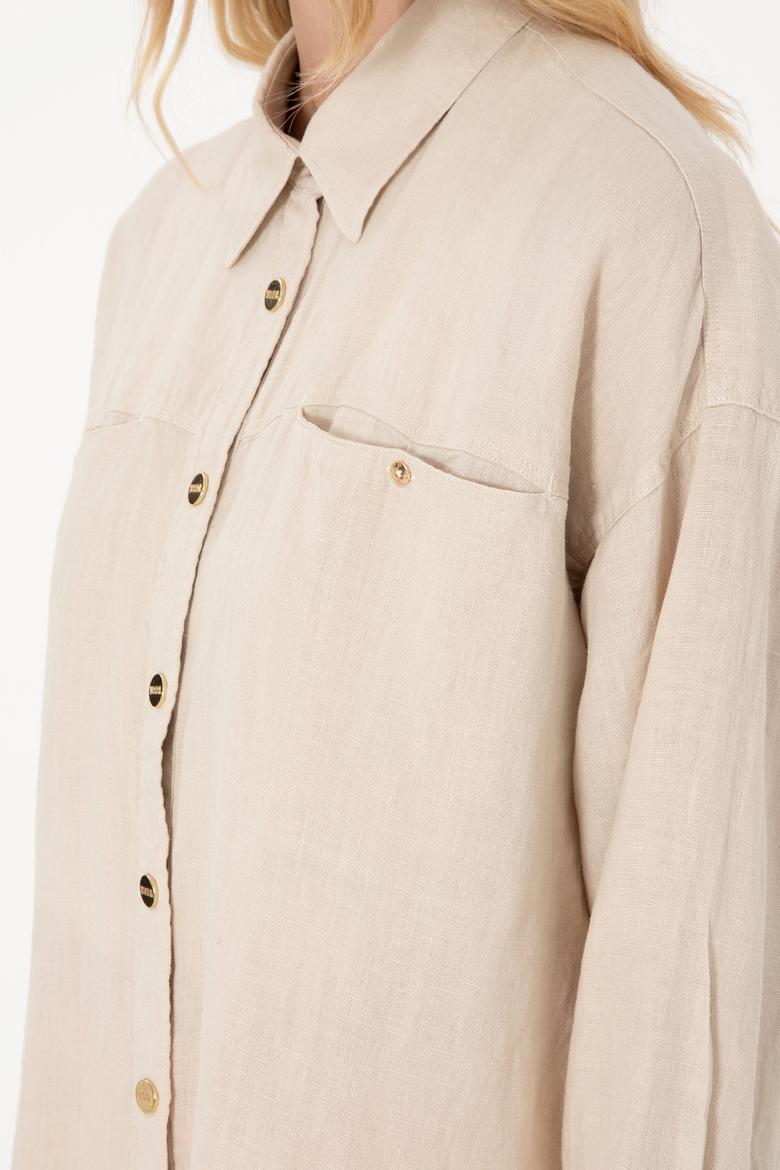 Kadın Taş Uzun Kollu Keten Tunik Gömlek - 50305939026