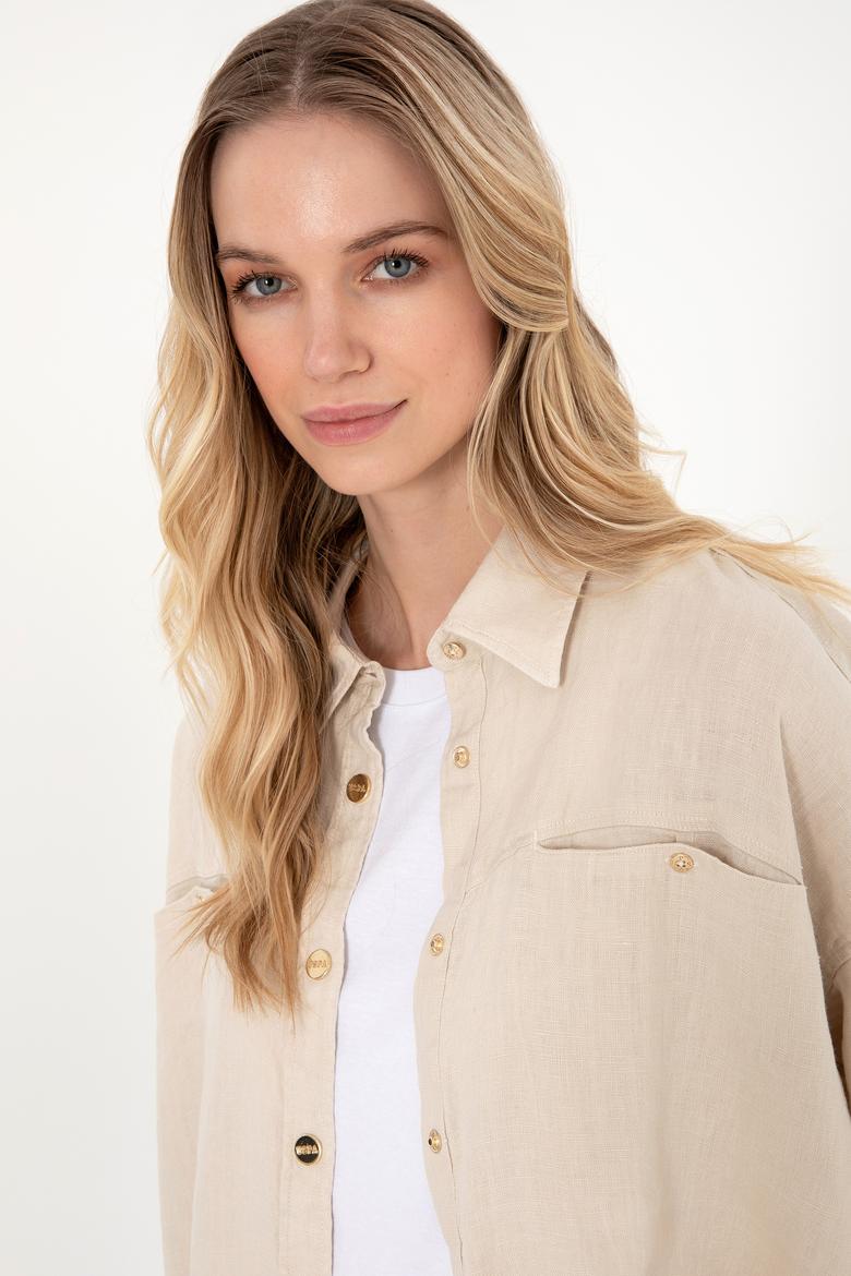 Kadın Taş Uzun Kollu Keten Tunik Gömlek - 50305939026