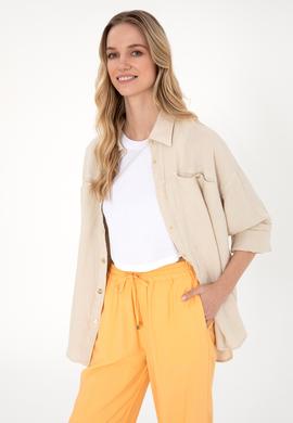 Kadın Taş Uzun Kollu Keten Tunik Gömlek - 50305939026