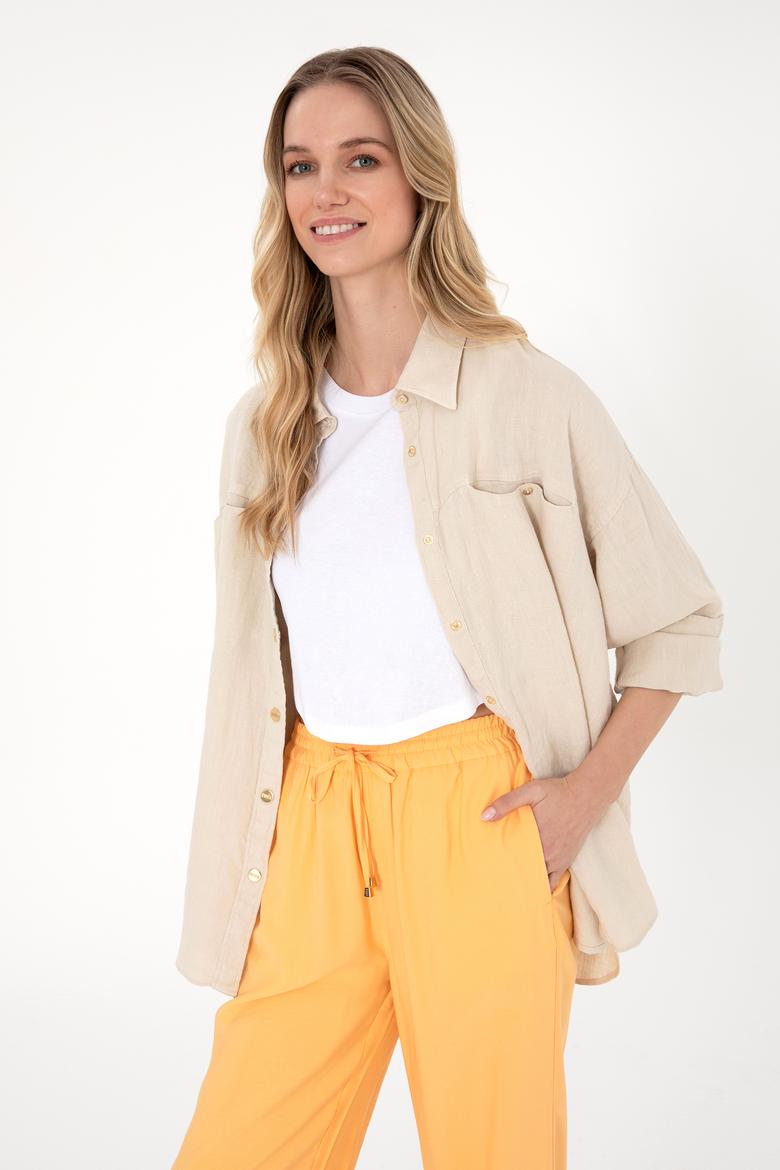 Kadın Taş Uzun Kollu Keten Tunik Gömlek - 50305939026