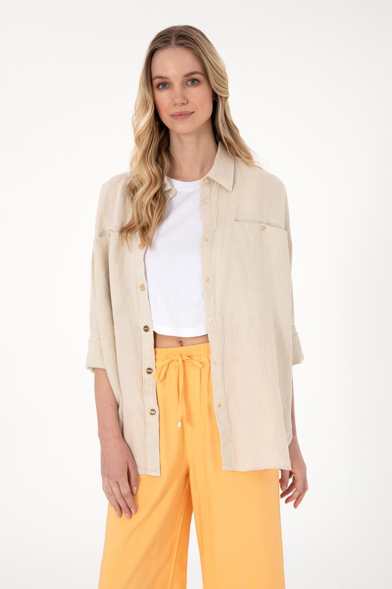 Kadın Taş Uzun Kollu Keten Tunik Gömlek