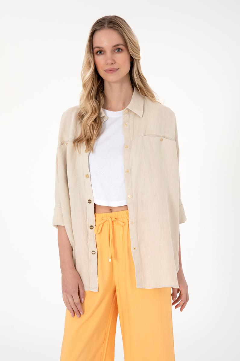 Kadın Taş Uzun Kollu Keten Tunik Gömlek