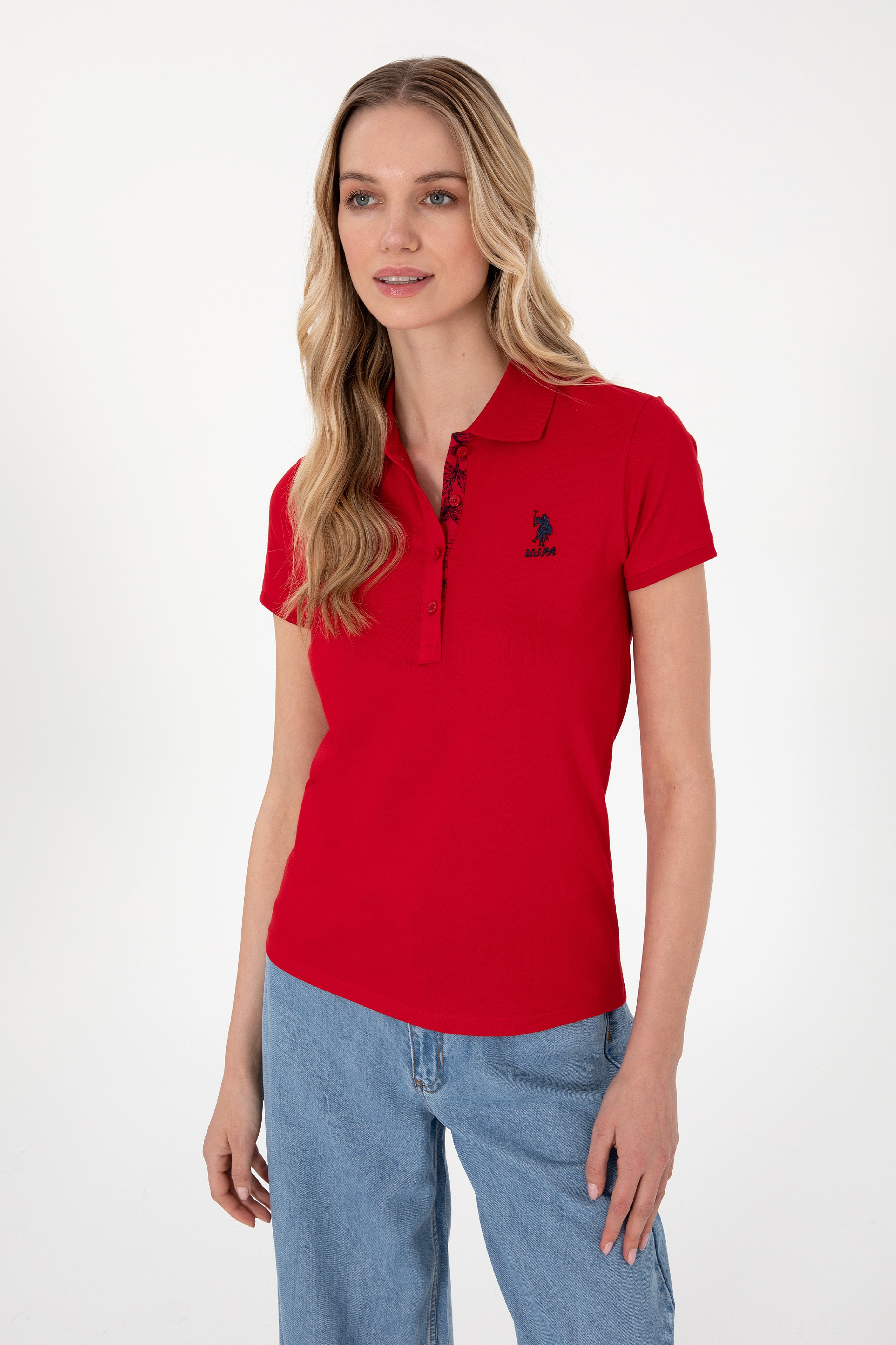 Kadın Kırmızı Basic Polo Yaka Tişört - Image 3