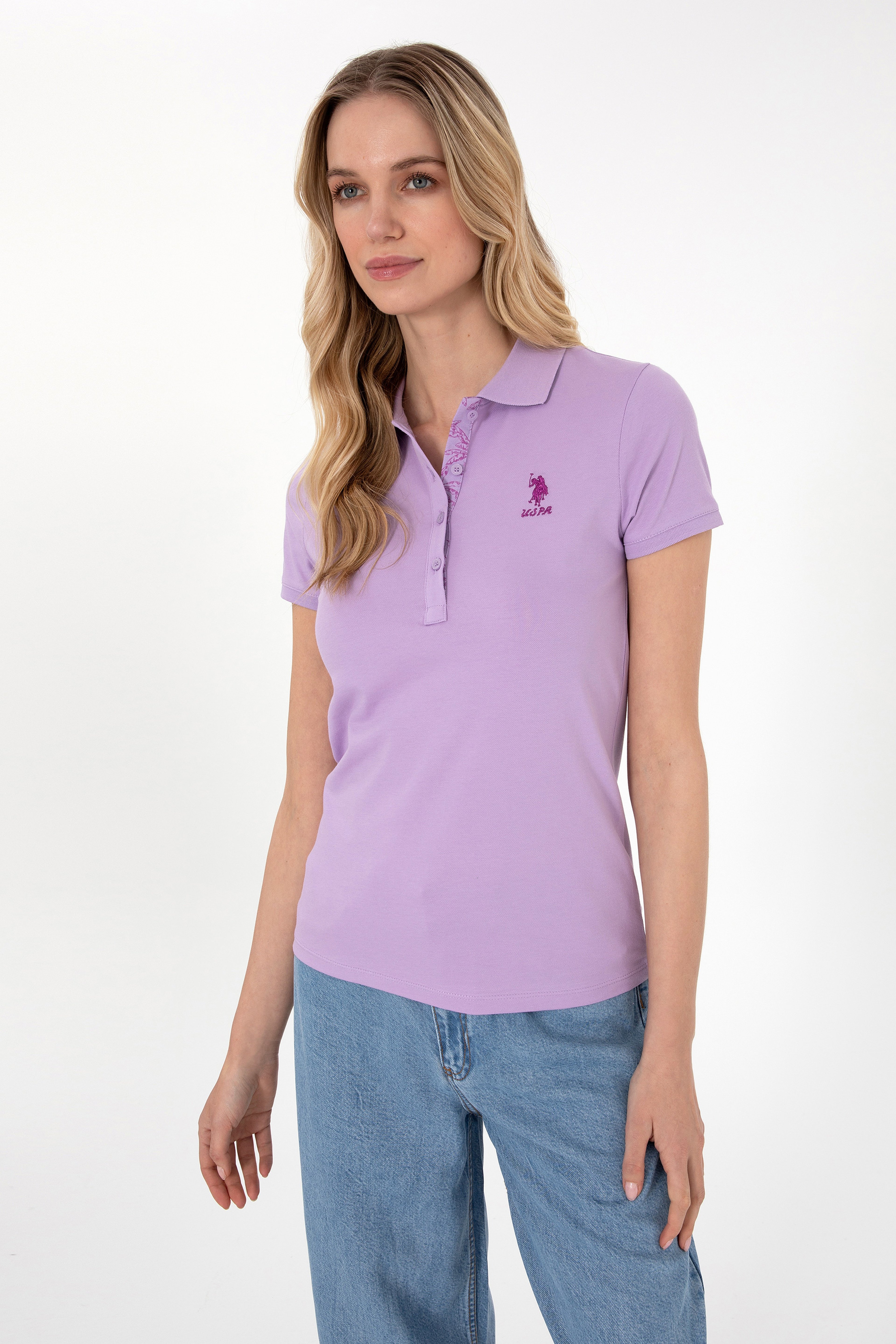 Kadın Lila Basic Polo Yaka Tişört - Image 1