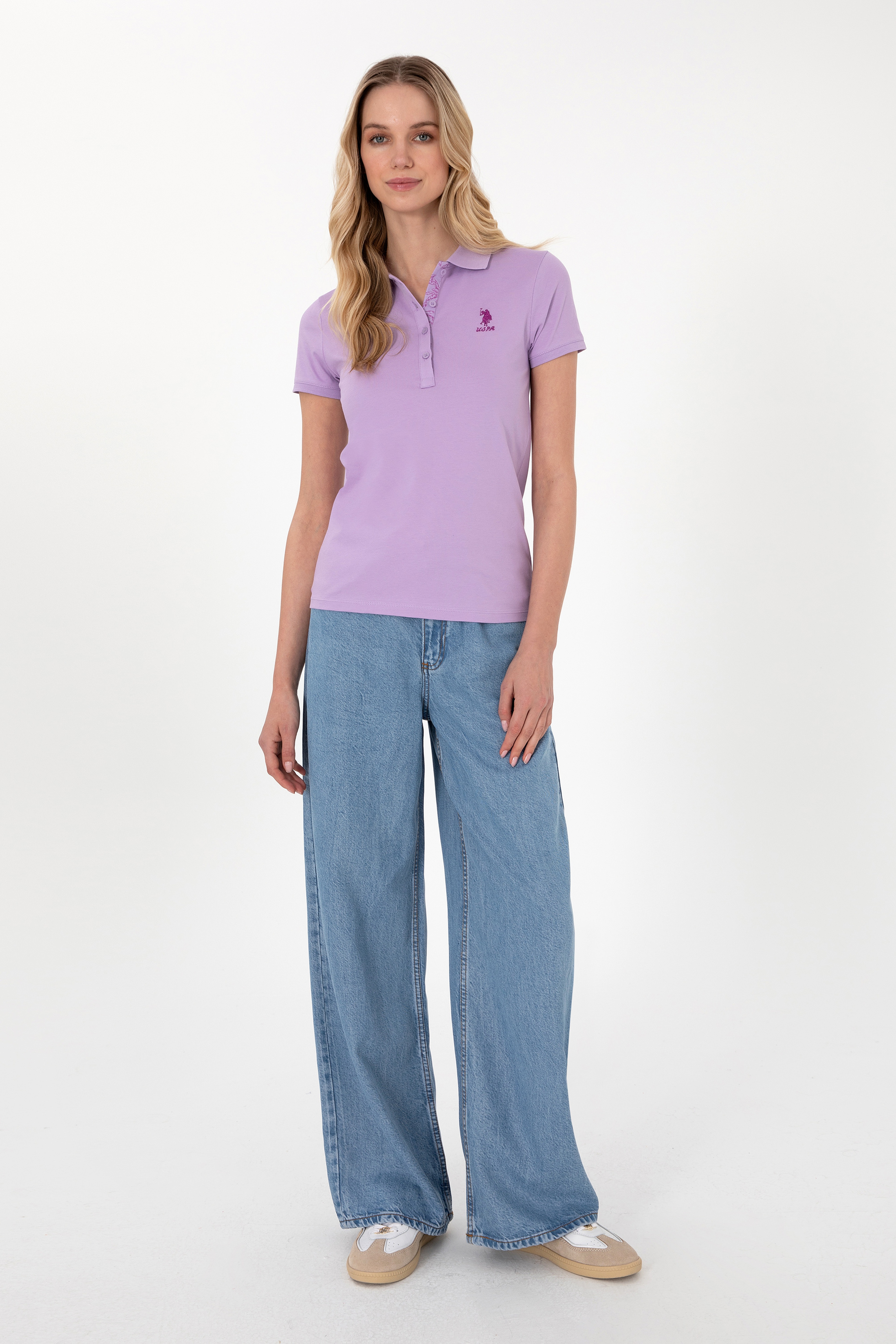 Kadın Lila Basic Polo Yaka Tişört - Image 4