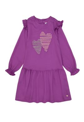 Kız Çocuk Menekşe Kalp İşlemeli Omuz Detaylı Dokuma Elbise - 50297433006