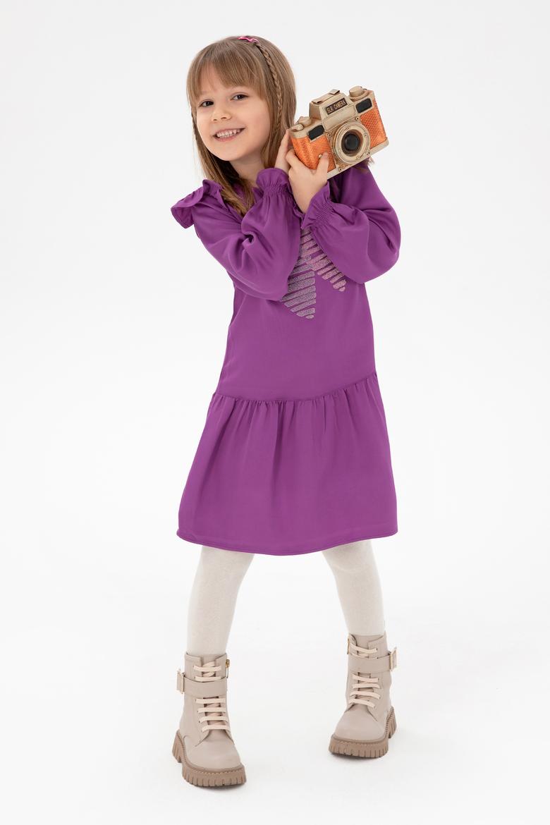 Kız Çocuk Menekşe Kalp İşlemeli Omuz Detaylı Dokuma Elbise