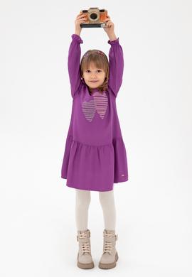 Kız Çocuk Menekşe Kalp İşlemeli Omuz Detaylı Dokuma Elbise - 50297433006