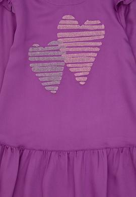 Kız Çocuk Menekşe Kalp İşlemeli Omuz Detaylı Dokuma Elbise - 50297433006