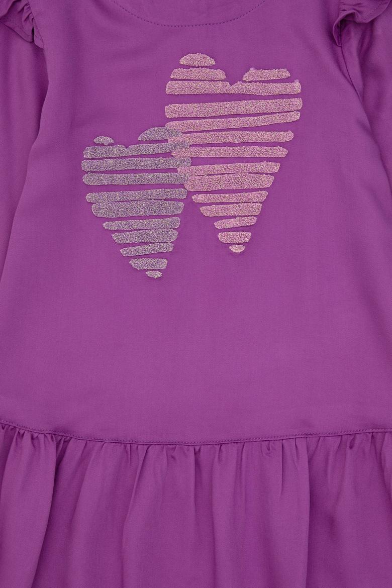 Kız Çocuk Menekşe Kalp İşlemeli Omuz Detaylı Dokuma Elbise - 50297433006