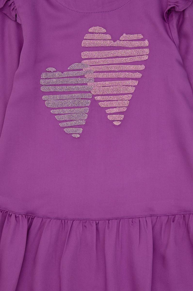 Kız Çocuk Menekşe Kalp İşlemeli Omuz Detaylı Dokuma Elbise