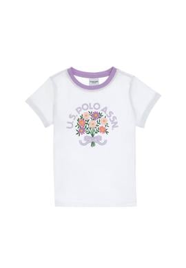 Kız Çocuk Beyaz Bisiklet Yaka Pamuk Çiçek Baskılı Tişört - 50306170010