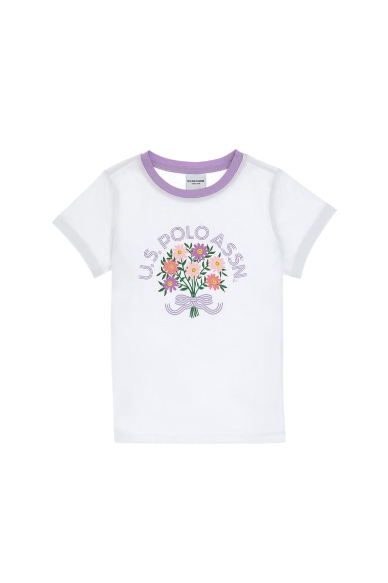 Kız Çocuk Beyaz Bisiklet Yaka Pamuk Çiçek Baskılı Tişört - 50306170010