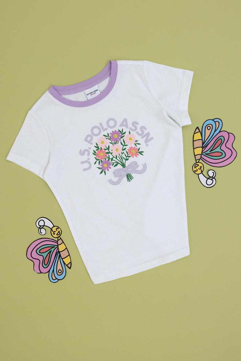 Kız Çocuk Beyaz Bisiklet Yaka Pamuk Çiçek Baskılı Tişört - 50306170010