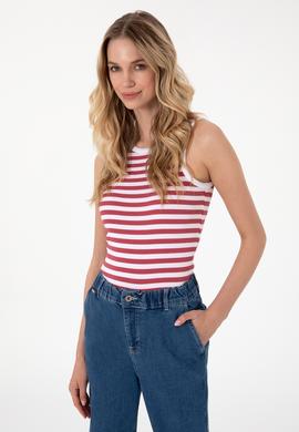 Kadın Vişne Çizgili Kolsuz Bisiklet Yaka Tişört - 50305900030