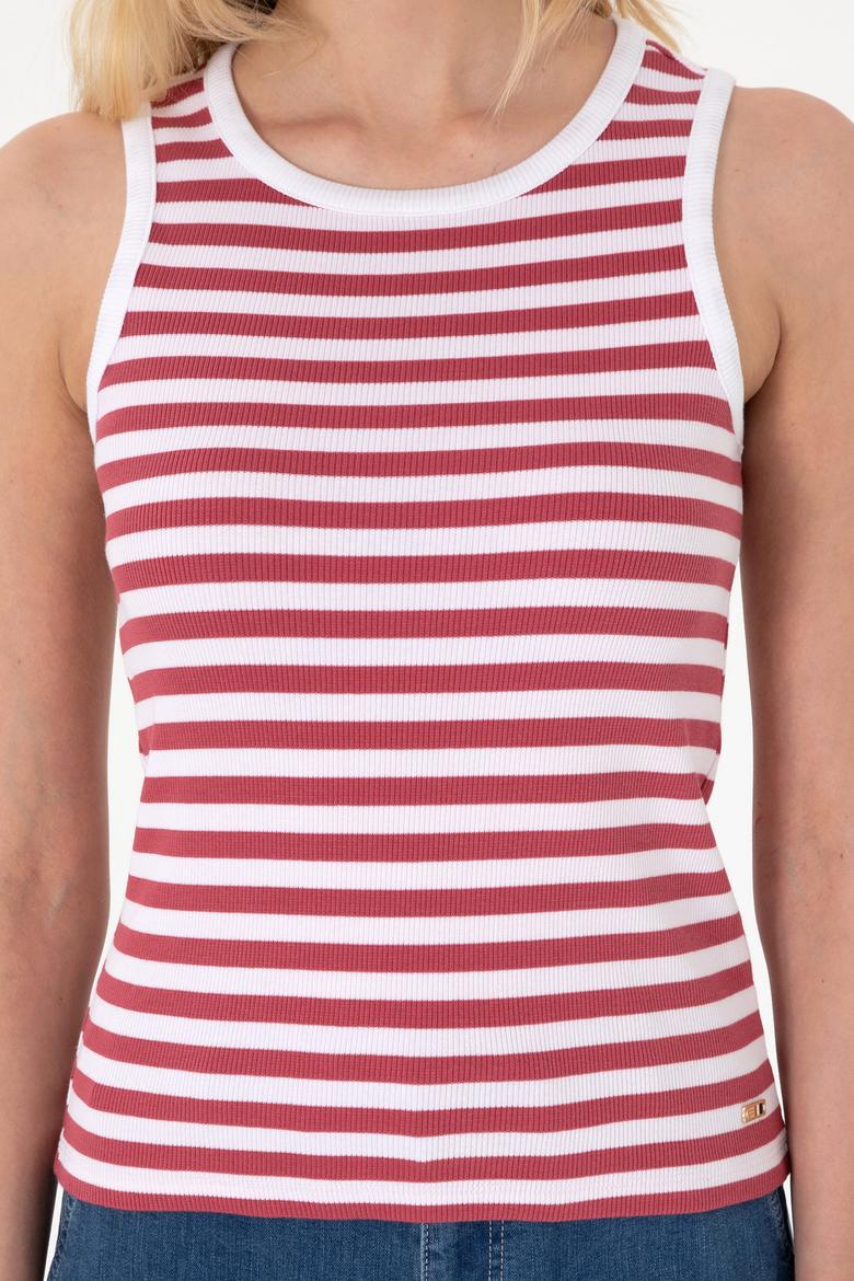 Kadın Vişne Çizgili Kolsuz Bisiklet Yaka Tişört - 50305900030