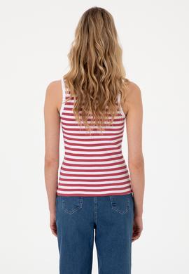 Kadın Vişne Çizgili Kolsuz Bisiklet Yaka Tişört - 50305900030